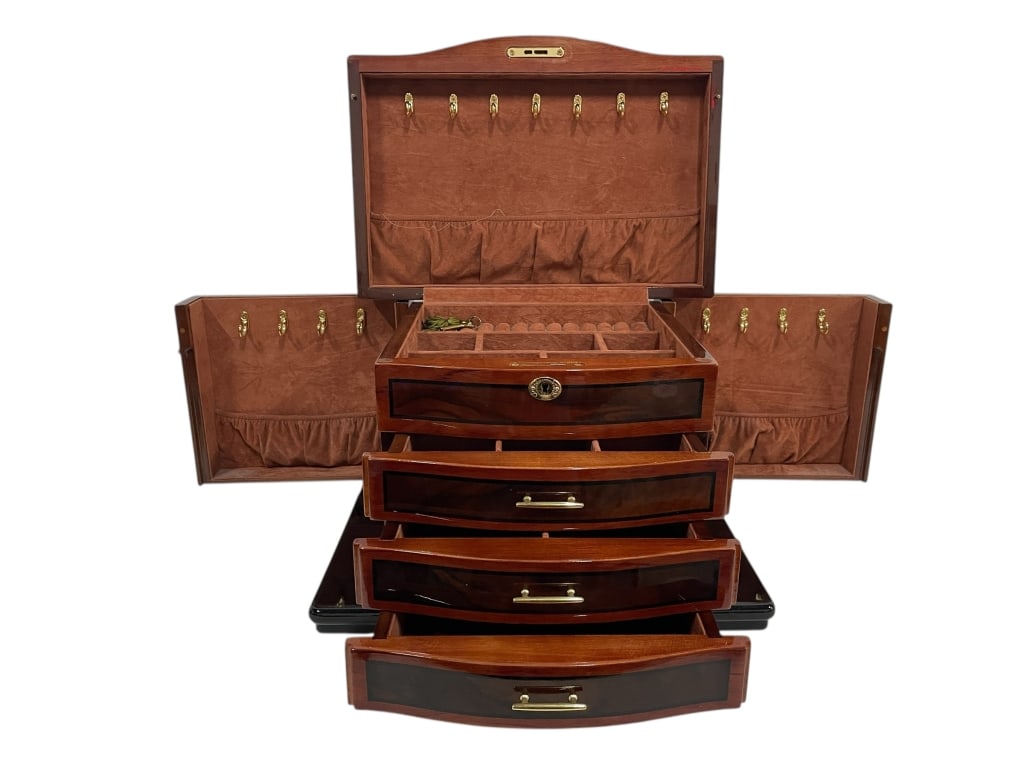 WOOD JEWELRY CHEST WITH LOCKING DRAWERS 15": WOOD JEWELRY CHEST WITH LOCKING DRAWERS AND SIDE COMPARTMENTS – HIGH GLOSS MAHOGANY FINISH -Very good pre owned condition -Approx 15"l x 10"w x 10"h -Elegant luxury wood jewelry chest featuring a st