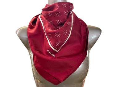 CHANEL RED SILK SCARF WITH POLKA DOT DESIGN 35"