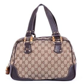 GUCCI BAMBOO BOSTON  BROWN MONOGRAMMED CANVAS GOLD