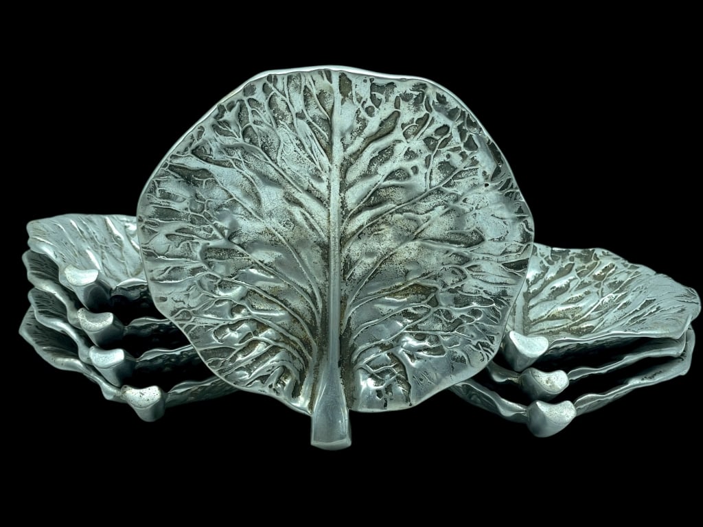 SET OF 8 PEWTER LEAF FORM DISHES (1 of 6)