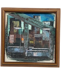 MID-CENTURY MODERN ABSTRACT CITYSCAPE PAINTING 19"