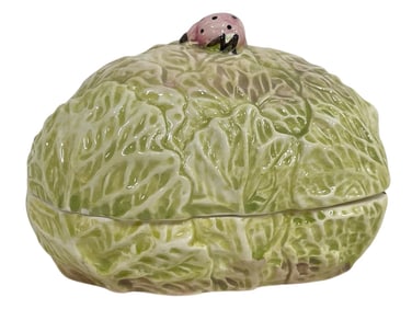 MAJOLICA STYLE CABBAGE LIDDED DISH W LADYBUG 6"
