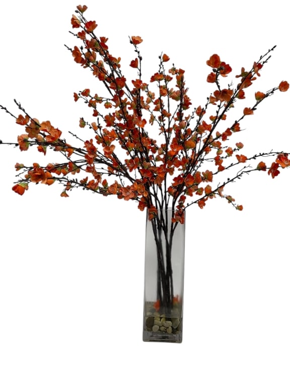 TALL ARTIFICIAL FLORAL ARRANGEMENT GLASS VASE 48": TALL ARTIFICIAL FLORAL ARRANGEMENT IN GLASS VASE -Vibrant artificial floral arrangement featuring lifelike orange blossoms on dark branching stems, elegantly presented in a tall rectangular glass vase