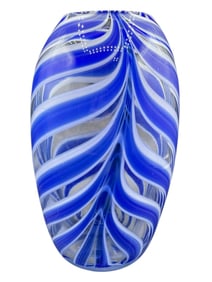 MURANO STYLE BLUE AND WHITE ART GLASS VASE 9"