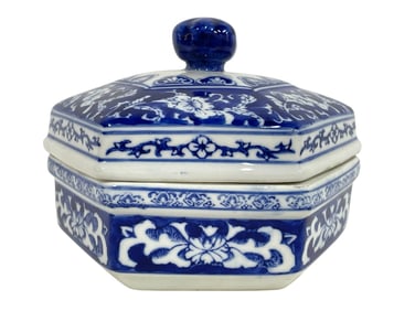 BLUE AND WHITE HEXAGONAL COVERED BOX 7"