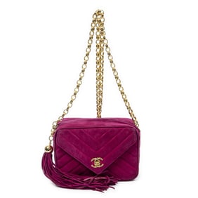 CHANEL VINTAGE CHEVRON TASSEL CAMERA BAG MAGENTA Q