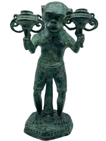 BRONZE MONKEY FIGURAL DOUBLE CANDLE HOLDER 15"