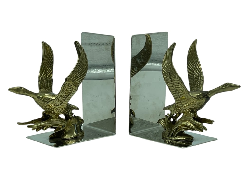 PAIR OF BRASS DUCK BOOKENDS ON CHROME BASE 6" (1 of 7)