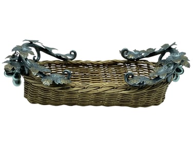VINTAGE METAL GRAPE LEAF WICKER BASKET 16"