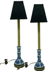 BLUE & WHITE PORCELAIN CANDLESTICK TABLE LAMPS