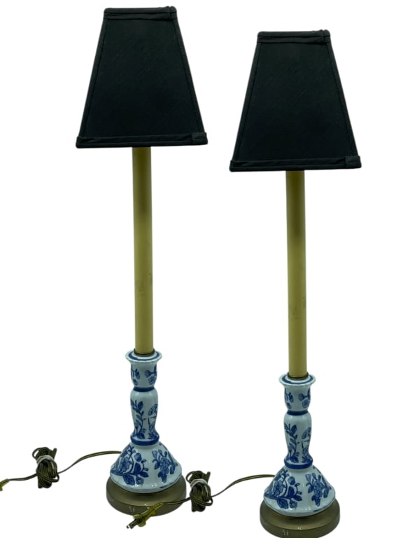BLUE & WHITE PORCELAIN CANDLESTICK TABLE LAMPS (1 of 6)