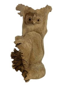 HAND-CARVED BURL WOOD OWL SCULPTURE 7.5"