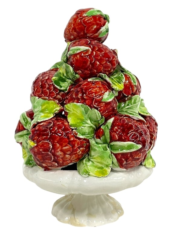 ITALIAN MAJOLICA STYLE BERRY FRUIT TOPIARY 7": ITALIAN MAJOLICA STYLE BERRY FRUIT TOPIARY 7" -Good pre owned condition, repair to bottom (see photos) -Approx 7"h x 5'w -Charming Italian Majolica berry fruit topiary, hand-painted in vivid red and g