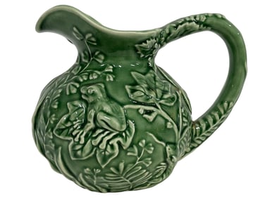 MAJOLICA-STYLE GREEN CERAMIC PITCHER 9"