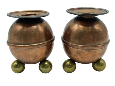 MID MOD COPPER & BRASS BALL-FOOTED CANDLE HOLDERS