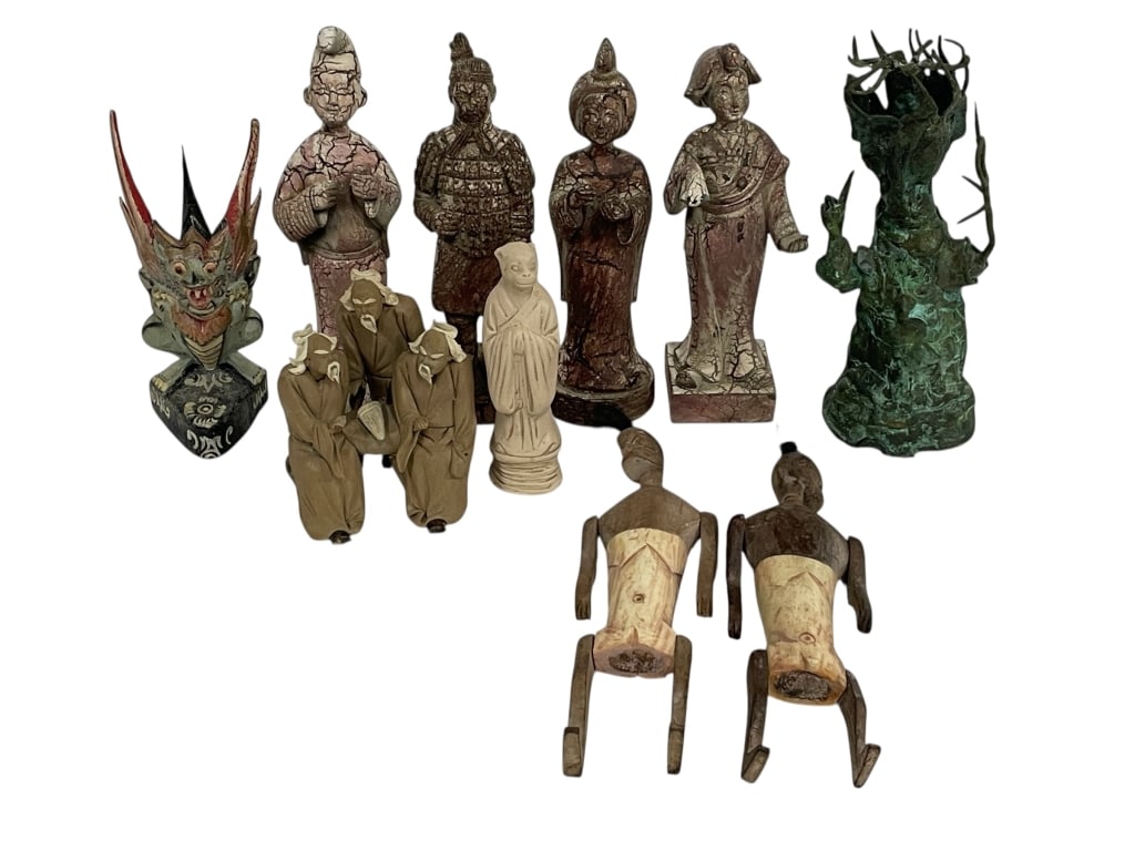 LOT OF ASIAN-INSPIRED FIGURINES AND SCULPTURES: LOT OF ASIAN-INSPIRED FIGURINES AND SCULPTURES -Very good pre owned condition -Wood, ceramic, and bronze-style pieces. -JA 110725 By bidding on this item, you have read, understand, and agree to the t