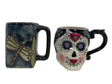 PAIR OF CERAMIC MUGS DRAGONFLY & SUGAR SKULL