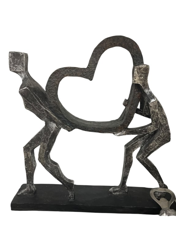 METAL SCULPTURE STICK WOMEN CARRYING HEART STATUE (1 of 1)