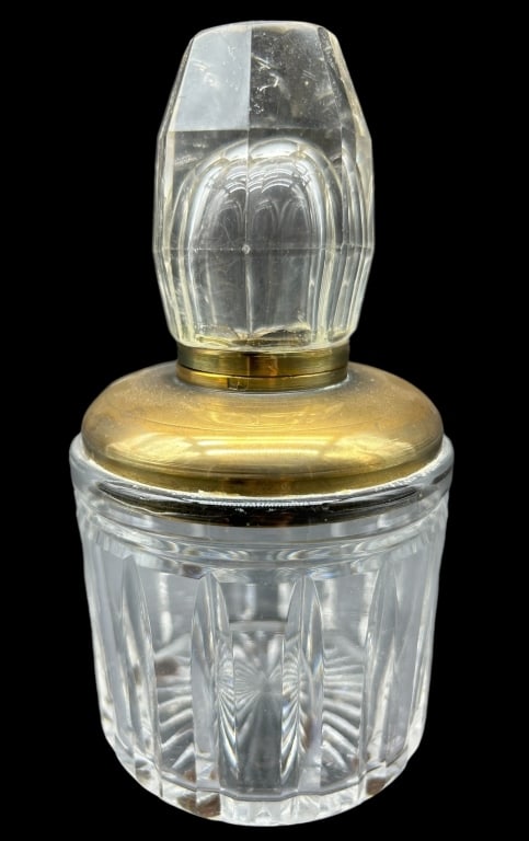 ANTIQUE ENGLAND CRYSTAL & BRASS INKWELL: VINTAGE CUT CRYSTAL AND BRASS INKWELL 6" H x 3" W APPROX VERY GOOD PREOWNED CONDITION KK 9/12 #28