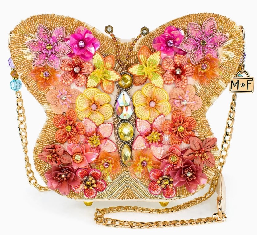 NEW MARY FRANCES TAKE FLIGHT FLORAL BUTTERFLY BAG: Take Flight Handbag captures the beauty of a butterfly & an elegant garden in full bloom with its dazzling array of colorful flowers and shimmering accents. Its bold design and sparkling details make 