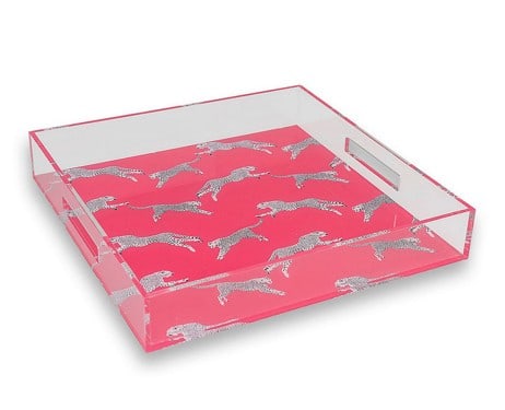 NEW! SCALAMANDRE LEAPING CHEETAH ACRYLIC TRAY 15": NEW! SCALAMANDRE LEAPING CHEETAH ACRYLIC TRAY IN BUBBLEGUM 15" -NEW -2.5"H x 15"W x 15"D -LEAPING CHEETAH FEATURING CHEETAHS FROLICKING AGAINST A BACKDROP OF SATURATED COLOR. FROM A CHILDREN'S ROOM TO