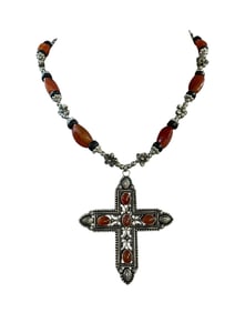 ARTISAN MADE CARNELIAN STONE SILVER CROSS NECKLACE