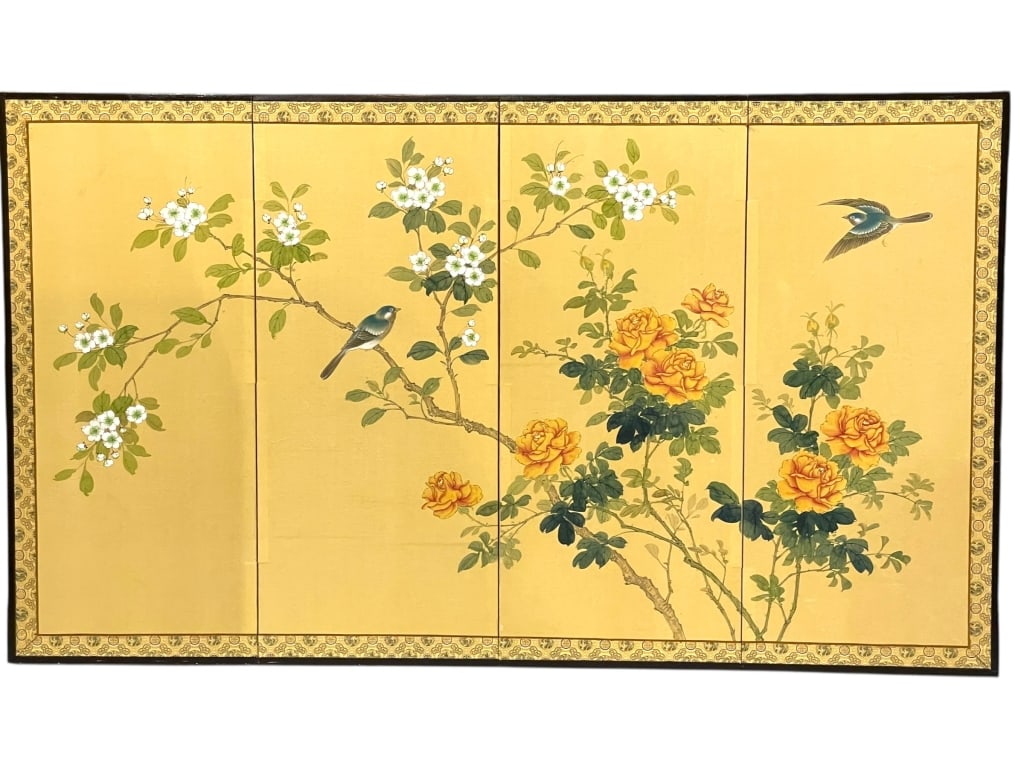 CHINESE FOUR-PANEL SILK SCREEN WITH BIRDS 60" (1 of 8)
