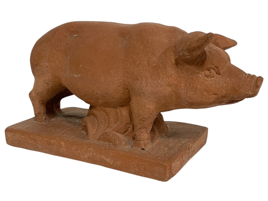 HEAVY CAST STONE PIG SCULPTURE 15": HEAVY CAST STONE PIG SCULPTURE 15" -Very good pre owned condition -Approx 15"l x 6"w x 8"h -This charming vintage sculpture features a wonderfully modeled pig standing atop a rectangular base, rendere