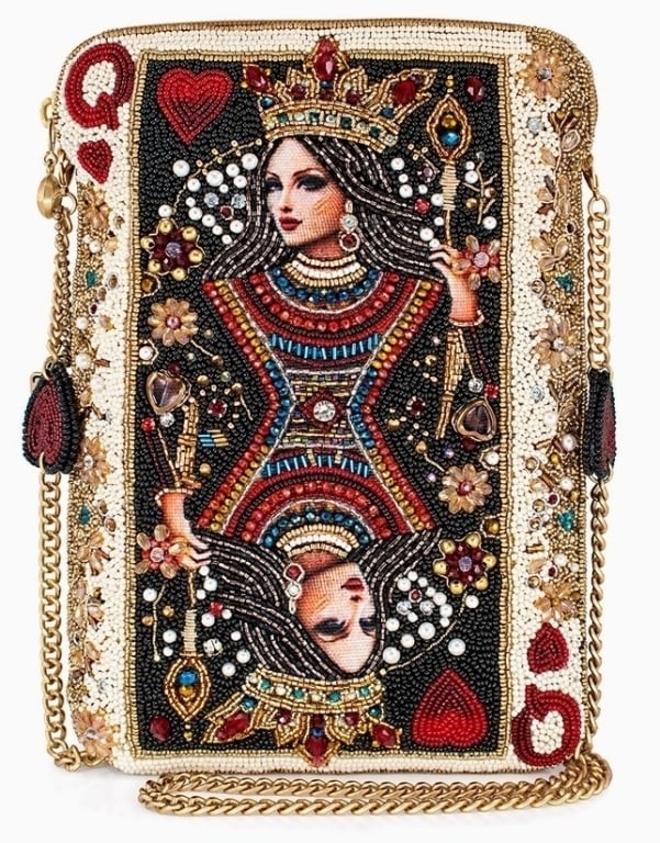 NEW MARY FRANCE QUEEN OF HEARTS HANDBAG: All hail the queen when you wear the couture queen of hearts playing card beaded mini masterpiece. Get ready for purse envy! Purse Dimensions: 6.25 x .75 x 9.25", Strap Length: 49", Strap Drop: 23", F