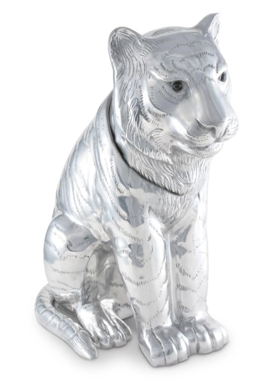 ARTHUR COURT TIGER ICE BUCKET 17"H NEW IN BOX: Stand guard over your favorite beverages with the striking Tiger Ice/Wine Buckets in Arthur Court's Safari Collection. A stoic cat rests on its back legs and observes the night's proceedings with rema