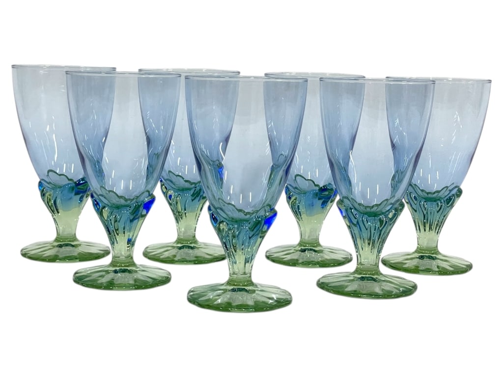 8 VTG ART GLASS WINE GOBLETS W BLUE & GREEN STEM: SET OF 8 VINTAGE ART GLASS WINE GOBLETS WITH BLUE BOWL AND GREEN PULLED STEMThis gorgeous set of eight hand-blown art glass goblets features a captivating color combination of a light azure blue bowl