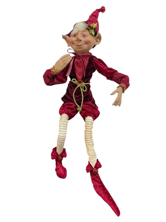 ROBERT STANLEY POSABLE HOLIDAY ELF FIGURINE 33": ROBERT STANLEY POSABLE HOLIDAY ELF FIGURINE — BURGUNDY & GOLD COSTUME -Very good pre owned condition -Approx 33' long -This charming Robert Stanley posable holiday elf figurine adds instant whimsy a