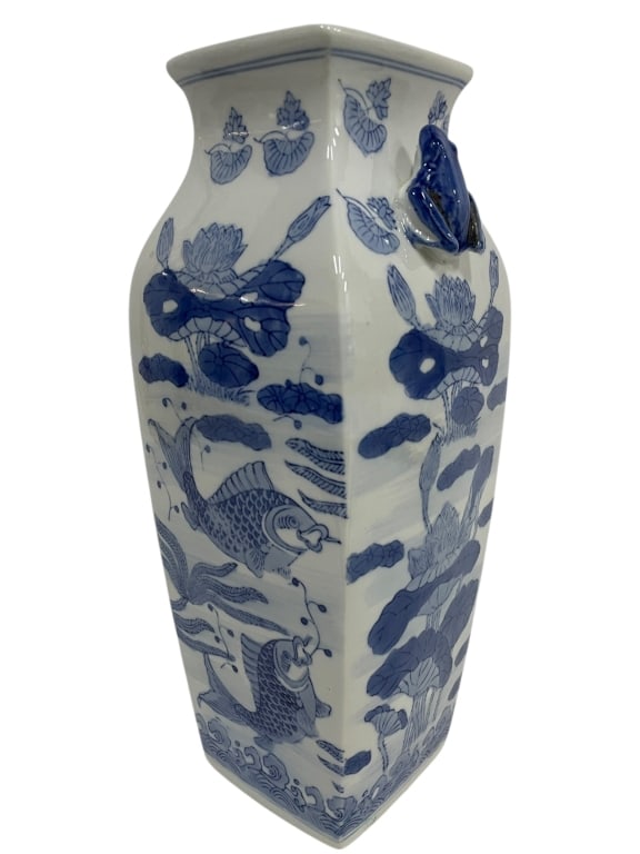 VINTAGE BLUE AND WHITE CHINOISERIE KOI VASE 14": BLUE AND WHITE CHINOISERIE KOI VASE – Elegant rectangular porcelain vase featuring hand-painted cobalt blue koi fish swimming among lotus flowers and aquatic foliage, symbolizing abundance and perse