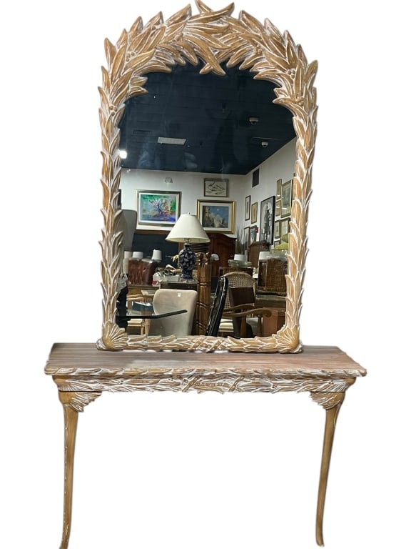 HOLLYWOOD REGENCY CARVED LEAF CONSOLE & MIRROR (1 of 11)