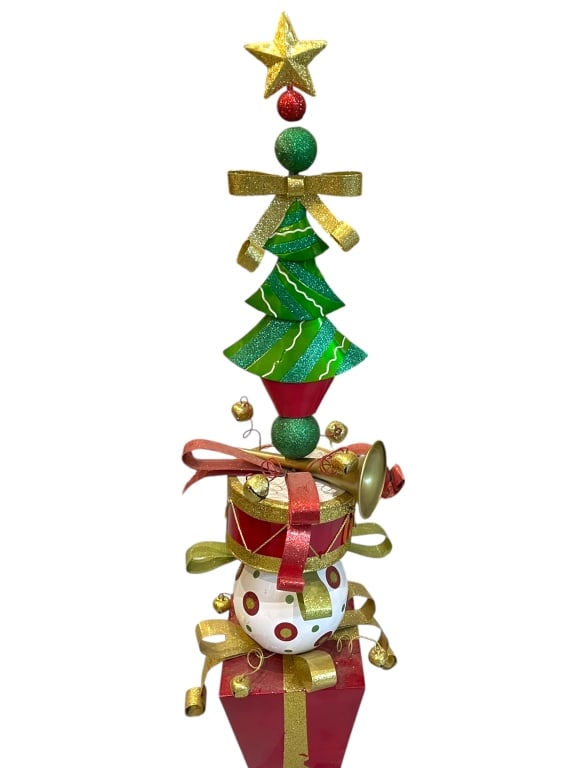 LARGE STACKED CHRISTMAS ORNAMENT TREE 4FT!: EXTRA LARGE WHIMSICAL STACKED CHRISTMAS ORNAMENT DECORATION / FINIAL (METAL) -This eye-catching, extra-large decorative piece creates a festive "Christmas totem," stacking oversized motifs including a