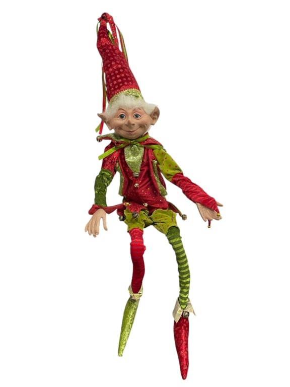 ROBERT STANLEY POSABLE CHRISTMAS ELF FIGURINE 33": ROBERT STANLEY POSABLE CHRISTMAS ELF FIGURINE — RED & GREEN HOLIDAY COSTUME -Very good pre owned condition -Approx 33" long -This delightful Robert Stanley posable Christmas elf figurine features a 
