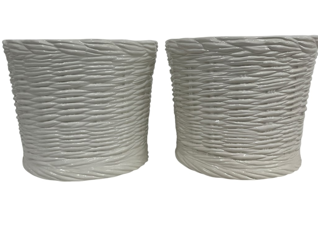 ITALIAN WHITE CERAMIC BASKETWEAVE PLANTERS 10" (1 of 6)