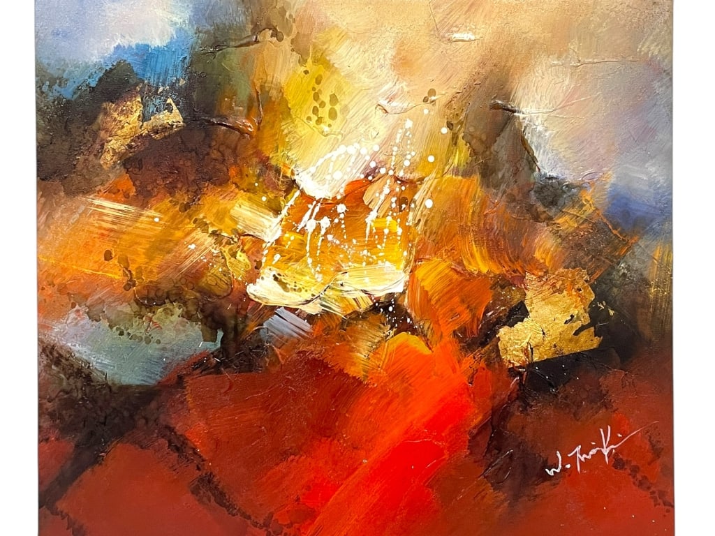 MODERN ABSTRACT IMPASTO PAINTING 21": MODERN ABSTRACT IMPASTO PAINTING -A powerful Modern Abstract Painting utilizing an extremely heavy impasto technique, likely oil or acrylic on canvas. The palette is dramatically dominated by fiery re