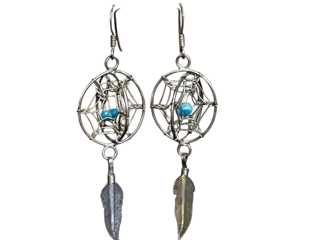 NAVAJO STERLING TURQUOISE 3D DREAM CATCHR EARRINGS (1 of 7)