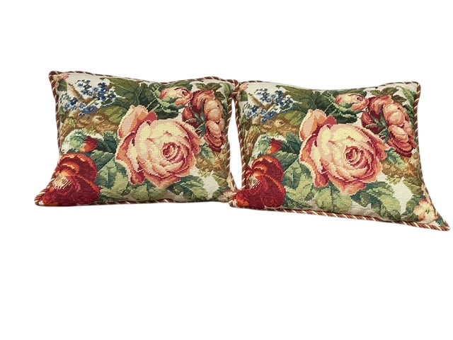 NEEDLEPOINT ROSE FLORAL CHINTZ PAIR PILLOWS 15X12: VINTAGE NEEDLEPOINT ROSE FLORAL PILLOW PAIR - measures 15" by 12" in size - gorgeous rose chintz on this pair of pillows - lovely shades of red and carnation pink and green - beautiful vintage conditi
