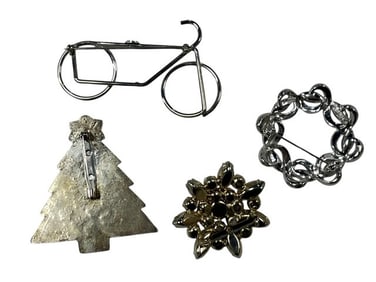 VINTAGE LOT OF FOUR SILVER BROOCHES BLING BIKE +
