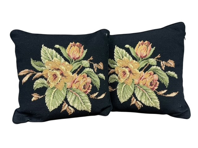 NEEDLEPOINT FLORAL ON BLACK RALPH LAUREN PILLOWS: RALPH LAUREN HOME PILLOWS IN BLACK FLORAL NEEDLEPOINT - filled with feather down pillow inside - needlepoint black and green pillows - pair of two - great vintage condition By bidding on this listing,