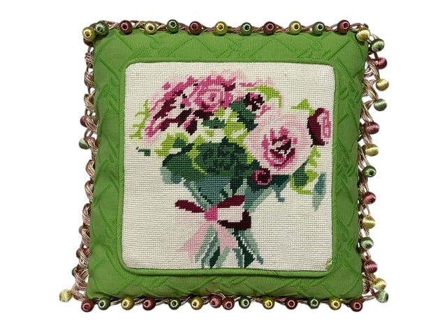 VINTAGE NEEDLEPOINT FLORAL GREEN W/ BALLS PILLOW (1 of 8)