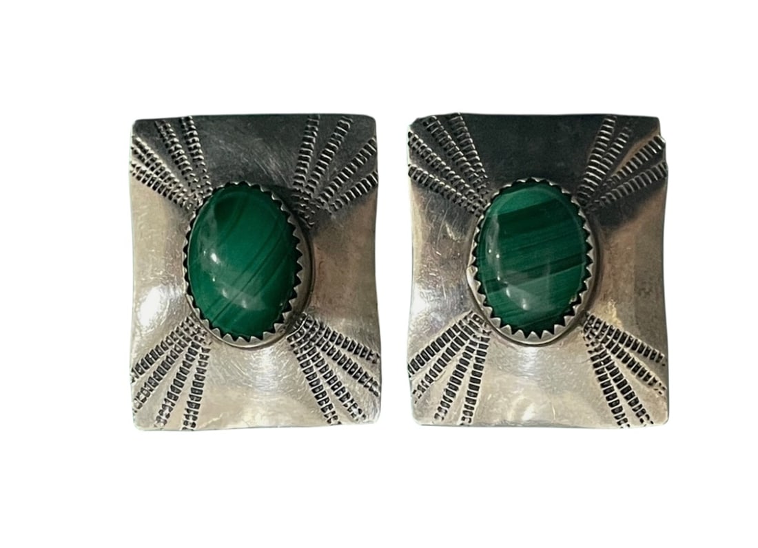 PAIR NAVAJO MALACHITE PRESSED STERLING EARRINGS: - BEAUTIFUL pair of Navajo made sterling earrings - stud earrings - malachite stone is beautiful and fresh - sterling is stamped for decor - in good condition By bidding on this listing, you understan