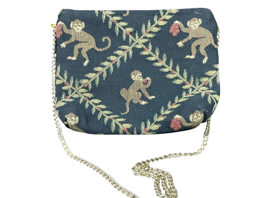 MONKEY BUSINESS DECOR ON VINTAGE DOODLE BAGS PURSE: - absolutely adorable purse for the monkey in your life! - made by DOODLE BAGS of Stuart, Florida - Chain strap included and attached - tapestry style art detail - measures 9" wide by 6" tall By biddi