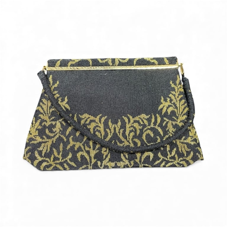 VINTAGE SAKS FIFTH AVE FRANCE BLACK GOLD BEAED BAG: VINTAGE BLACK AND GOLD BEADED BAG - beautiful by Saks Fifth Ave - made in France - amazing beadwork - lockover top frame for closure - beaded handle - lightly loose beading at one side of the handle B