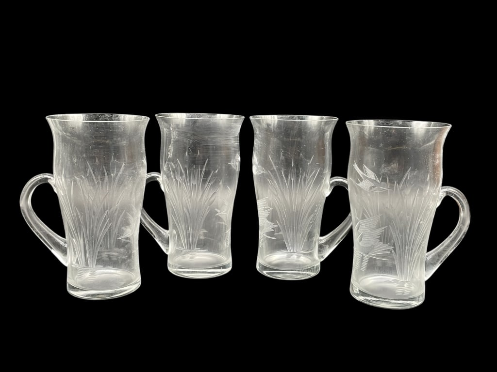 FOUR VINTAGE ETCHED GLASS BEER STEINS / MUGS (1 of 5)