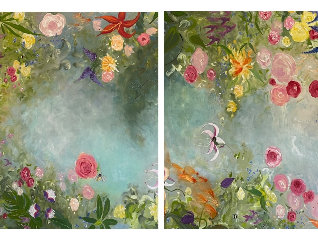 LARGE ORIGINAL FLORAL GARDEN DIPTYCH G. KRAUS 96": LARGE ORIGINAL FLORAL GARDEN DIPTYCH BY G. KRAUS (2020) – 36" X 48" X 2" EACH CANVAS -This stunning large-scale diptych features an immersive floral garden by artist G. KRAUS , painted in 2020. Each