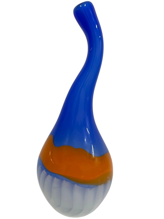 MID MOD MURANO STYLE ART GLASS VASE 16": MID-CENTURY MODERN MURANO STYLE ART GLASS SCULPTURAL VASE – FREEFORM ORGANIC DESIGN WITH TWISTED NECK IN VIBRANT COBALT BLUE, ORANGE, AND WHITE CASED GLASS. A STRIKING DECORATIVE ACCENT WITH BOLD CO