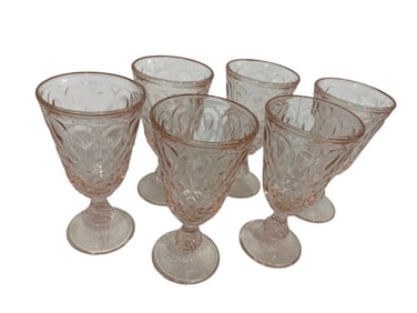 SET OF 6 PINK PRESSED GLASS GOBLETS